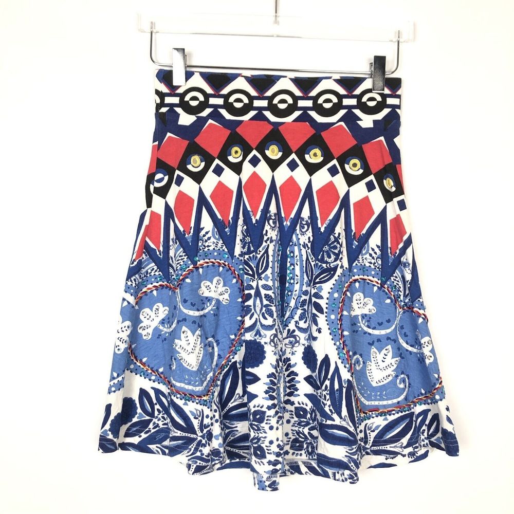 Desigual Paisley Boho Print Skater Skirt Beaded Sequins Pull On Blue Red Small